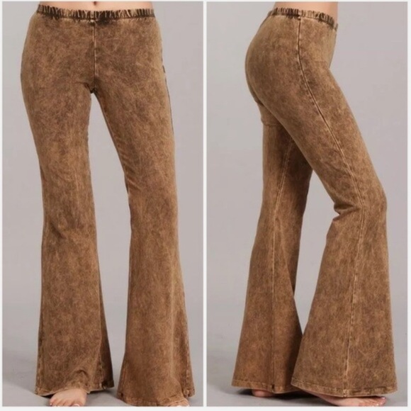 Chatoyant Denim - Chestnut Brown Boho Mineral Wash Flared Bell Bottom Stretch Pull On Pants Womens